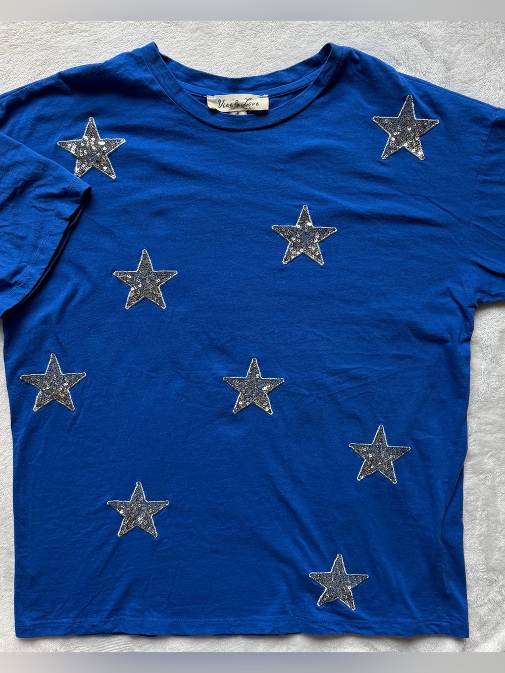Royal Blue Short Sleeve Tee  with Silver Sequin Star Accents